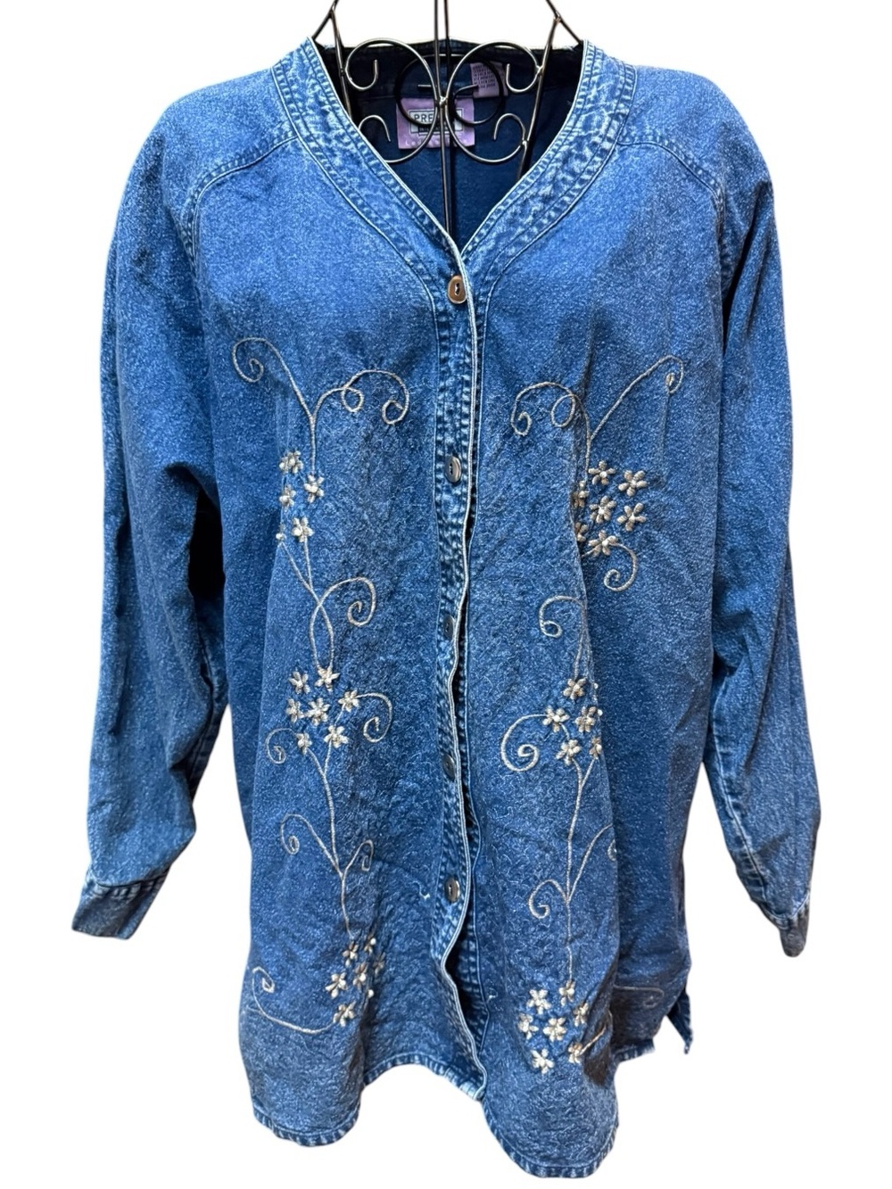Vintage 80s Premier Blue Cotton Embroidered Denim Button-Down Shirt Jacket
